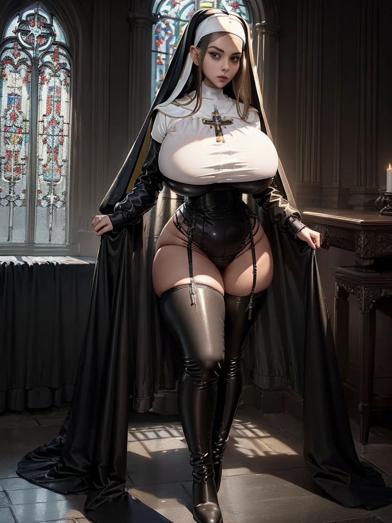 ( masterpiece, Top quality,  best quality,  official art ,  beautiful and aesthetic :1.2), ( 1girl as nun :1.3), light skin,  extremely detailed,  looks at the viewer, Alone, (Full body),  simple background , ( dark gothic theme :1.1),  mysterious accents,  black nun costume , bonnet, Nunnenhaube , ,  thigh-high boots , Body, Leotard, corset, leather straps, Long boots,  garters, (((( wide hips,  slim sexy body ,  big breasts)))), narrow waist, long legs, dutch angle,