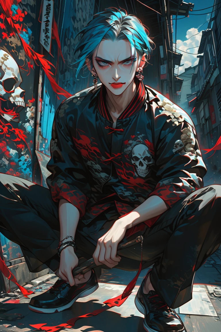 masterpiece, distinct_image, high_resolution, 1boy, unfinished, sky_blue_hair, short_hair, bluntbangs, gradient_hair, Nose_piercing, long_eyelashes, gray_eyes, red_lips, sukajan, stick_out_tongue, Skull_earrings, alley, pretentious_face, spread_legs, male focus, smirk