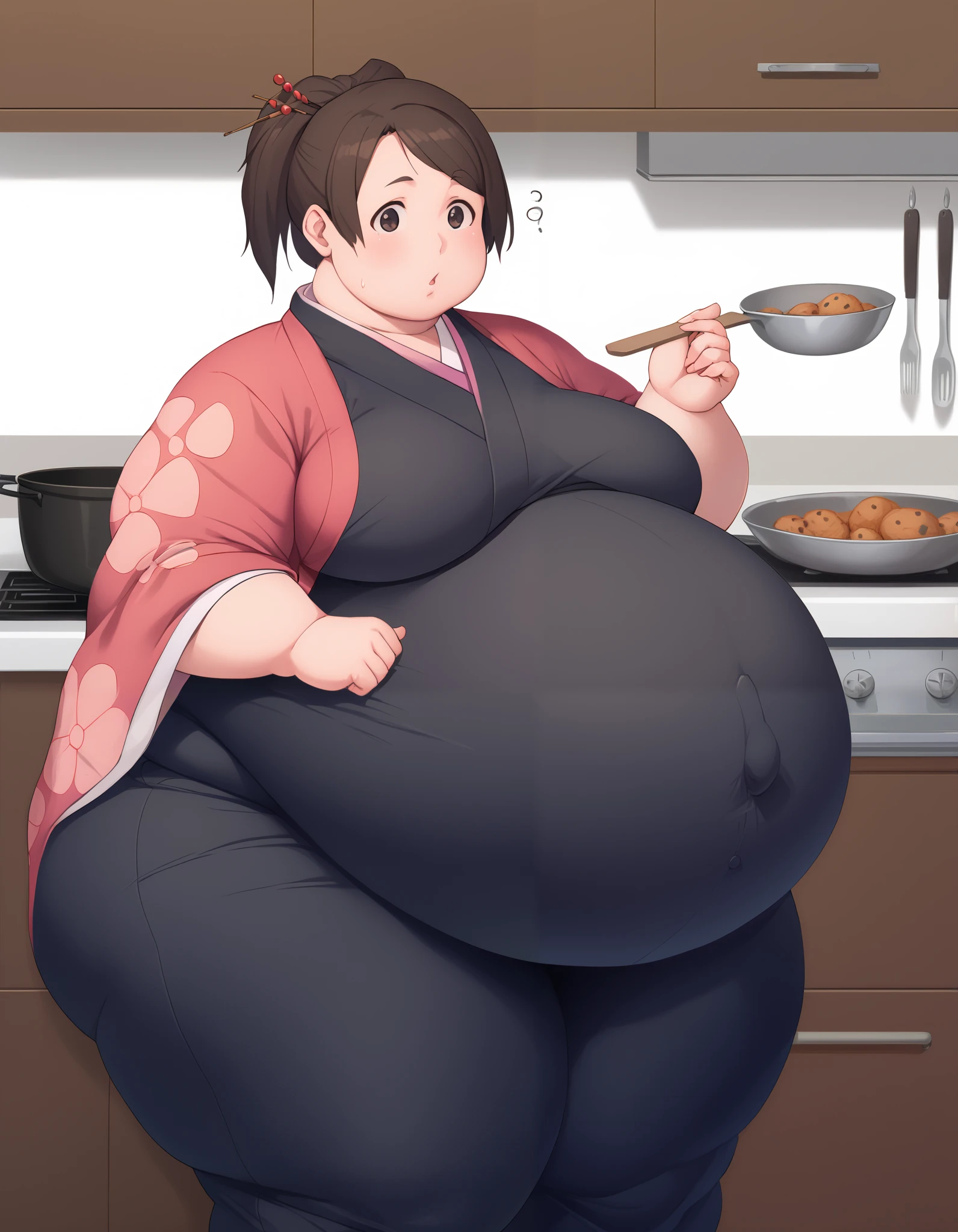 score_9, score_8, score_7, source_anime,
fuu, kimono, hair ornament, hair stick, ponytail,
1girl, kitchen, cooking, confused,extremely obese, (obese belly):1.7, (obese legs):1.5, fat rolls, SSBBW Adeline body,(thicc:0.5), (WeightImmobile:1.3), (obese:1.2) (round face:1.3), huge belly, wide hips,muffin top, pudgy, Big Baby Bump pregnant, Big boobs, Big pregnant Belly, Big Pregnant girl, Largest Belly of Pregnant, Huge Pregnancy, Huge 9 months Pregnancy Belly, huge belly expansion, huge belly girl, morbid obesity,800lbs,enormous fat belly, rolls of fat, fat thighs, Massively Bloated Abdomen, ridiculously large spherical Belly, oversized spherical stomach, ridiculously oversized pregnant belly, huge stomach