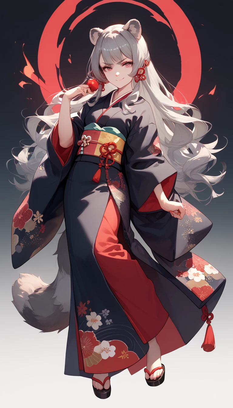 ((masterpiece)), 1girl, solo, long hair, grey hair, grey raccoon ears, grey raccoon tail, cute, evil smirk, looking at viewer, very young, black Kimono, crimson Kimono, multicolored Kimono, full body.