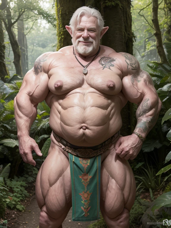 ((   hyperrealistic image   ))  of an elderly elf ,    smiling shirtless Adonis bodybuilder with gray hair over 80 years old with very oily skin and weighing more than 200 kg with,  saggy breasts pointed nipples   , and tattooed arms,  dressed in a leaf loincloth in a forest in Ireland  