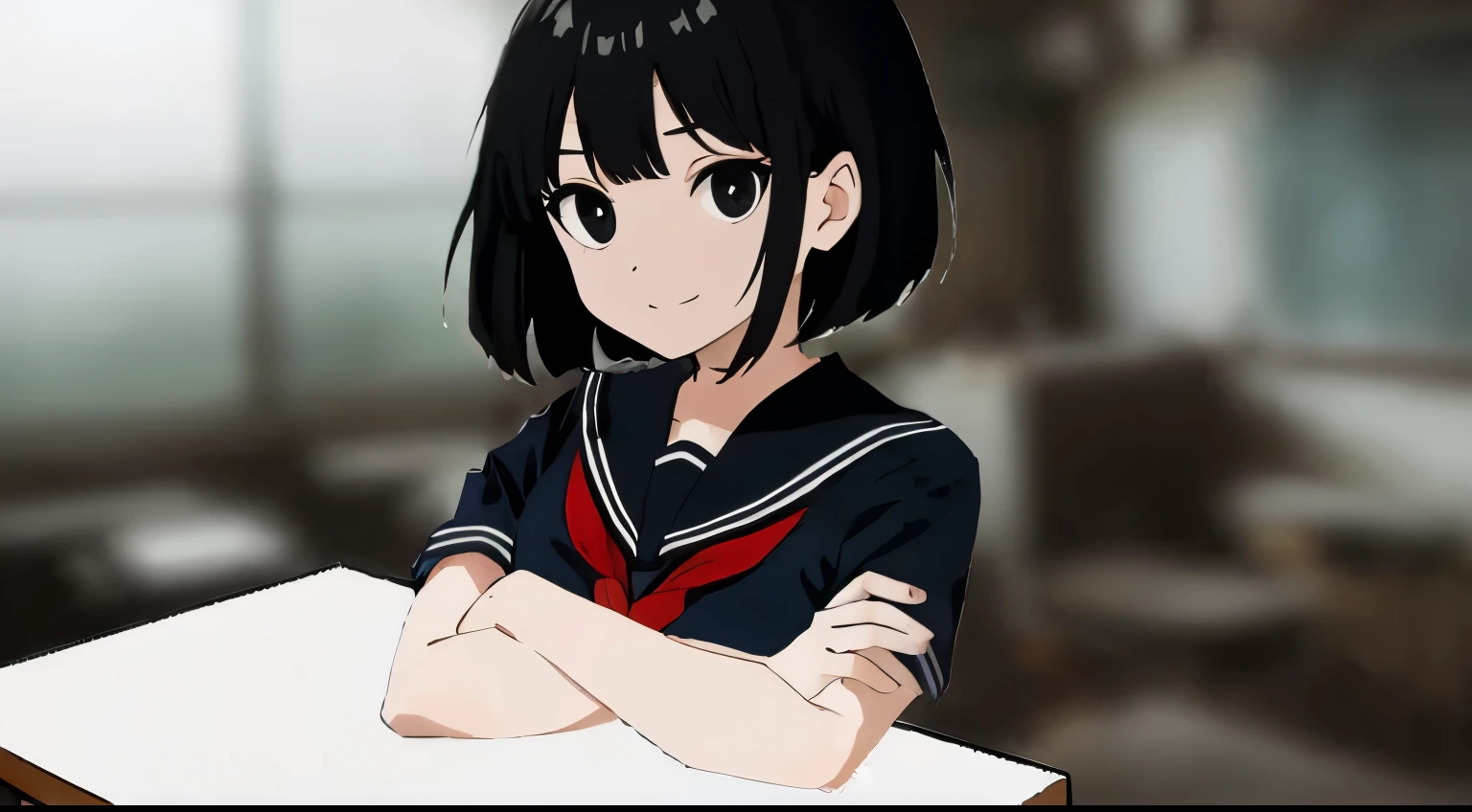 black hair, a bob cut, a black sailor suit, black eyes, and crossed arms