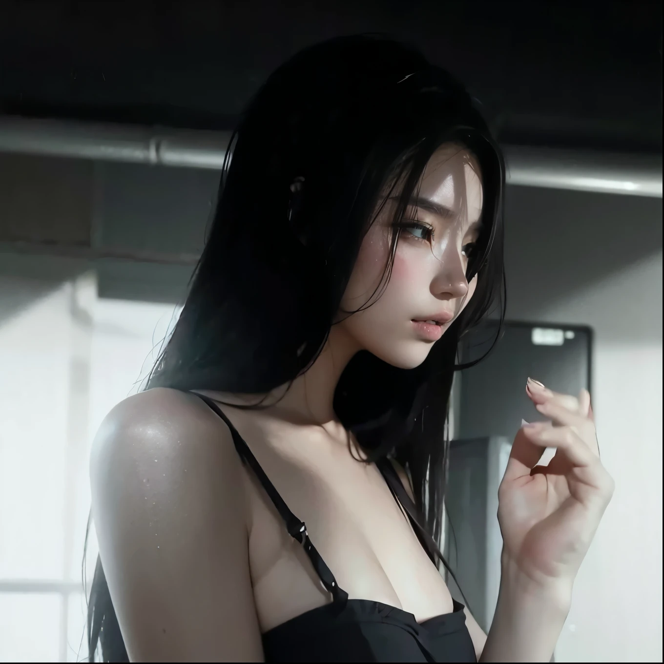top-quality、masterpiece、one girls、The upper part of the body、a bar counter、Deep Shadows、Dark theme、Blue Cocktail、a moon