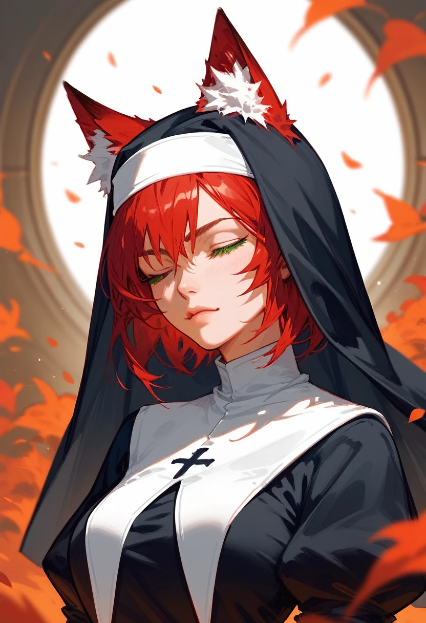 girl,Purple red hair, fox ears, in green eyes ,I closed my eyes.,Nun,Fierce face,Medium size face,