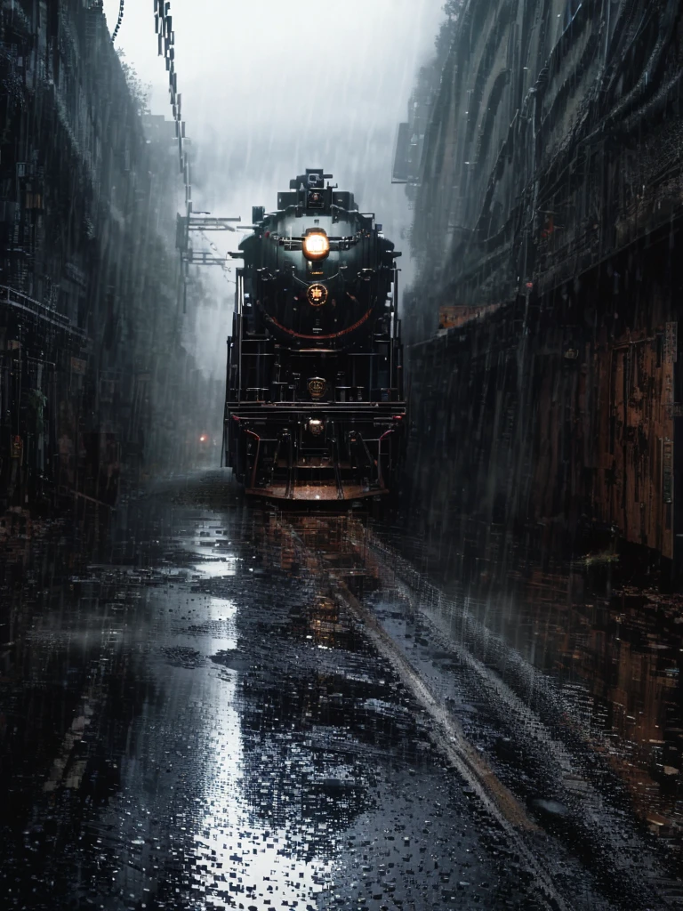 (best quality,4k,8k,highres,masterpiece:1.2),ultra-detailed,(realistic,photorealistic,photo-realistic:1.37),pixel art, train, rainy day, dramatic lighting, cinematic composition, moody atmosphere, gritty textures, vibrant colors, dramatic perspective, intricate details, steam locomotive, rain effects, puddles, wet surfaces, dramatic shadows, industrial setting, atmospheric haze, dynamic framing