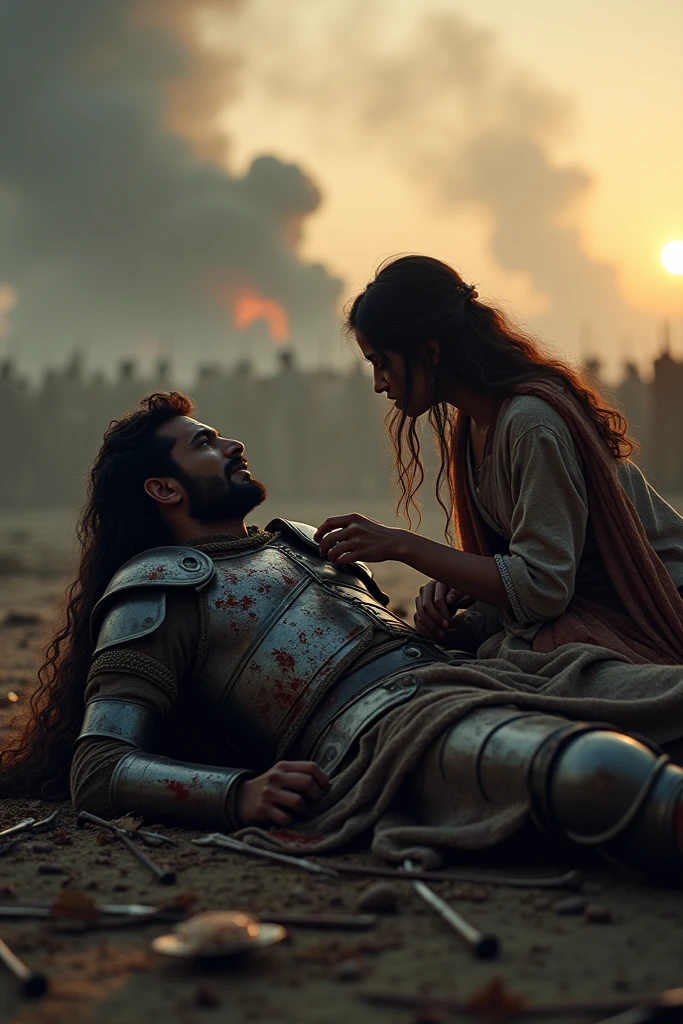 A battlefield at dusk with smoke rising in the background. Sandhya’s husband, Aditya, a brave warrior in traditional armor, lies gravely wounded on the ground, with arrows and swords scattered around. Sandhya kneels beside him, tears streaming down her face, while holding his hand in a moment of grief.
