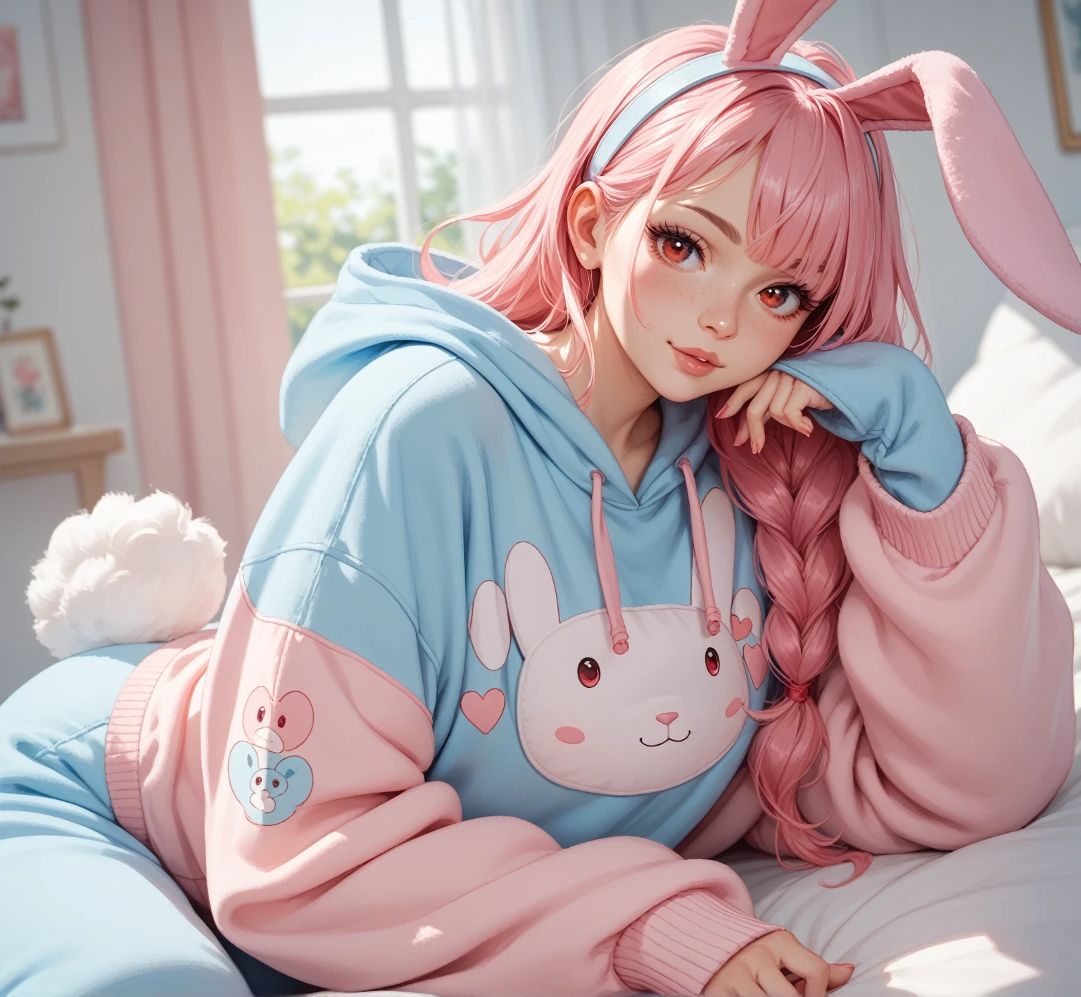 A super cute image captures a girl sitting on her bed, wearing plush pajamas. Her eyes sparkle with joy as she wears a large pink headset shaped like rabbit ears. Every detail is portrayed with realism, from the soft textures of the pajamas to the delicate details of the headset. The scene is like a cozy dream --auto --s2