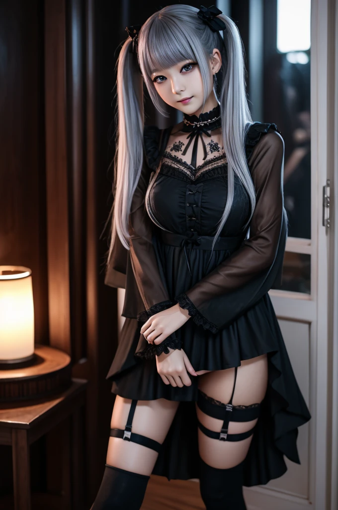 (((1 girl)),ray tracing,(dim lighting),[detailed background (bedroom)),((silver hair)),((silver hair)),(Fluffy silver hair, plump and slender girl))) with high ponytail))) Avoid golden eyes in the ominous bedroom ((((Girl wears a white shirt, black wrinkled skirt with black transparent pantyhose), showing a delicate slim figure and graceful curves, correct limbs, sitting on the bed with hands behind her head, Put both hands behind your head