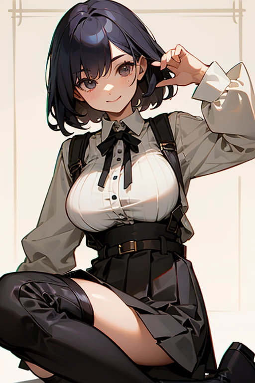 (masterpiece:1.2), (Military uniform magazine cover:1.4),best quality,PIXIV,Sweet girl , sexy posture,1girl, (perky chest:1.2), rolling upskirt by wind:1.6, (with sparkling eyes and a contagious smile),open mouth, (pointed chest:1.2),fishnets, black hair, boots, long hair, black nails, skirt, shirt, solo, black footwear, bag, black skirt, jewelry, jacket, on head, black jacket, thigh strap, bangs, necktie, earrings, nail polish, multicolored hair, looking at viewer, full body, bottle, own hands together, belt, jacket on shoulders, food, cats on head, black necktie, ring, choker, english text, collared shirt, blue eyes, platform boots, hat, lace-up boots ,masterpiece、highest quality、Very detailed、An illustration、Beautiful fine details、One Girl、cute、Detailed landscape、Training Room Background:1.4、Platinum Blonde Hair、Braided Ponytail、Red camisole、((D cup breasts, Tank top showing underboob:1.3))