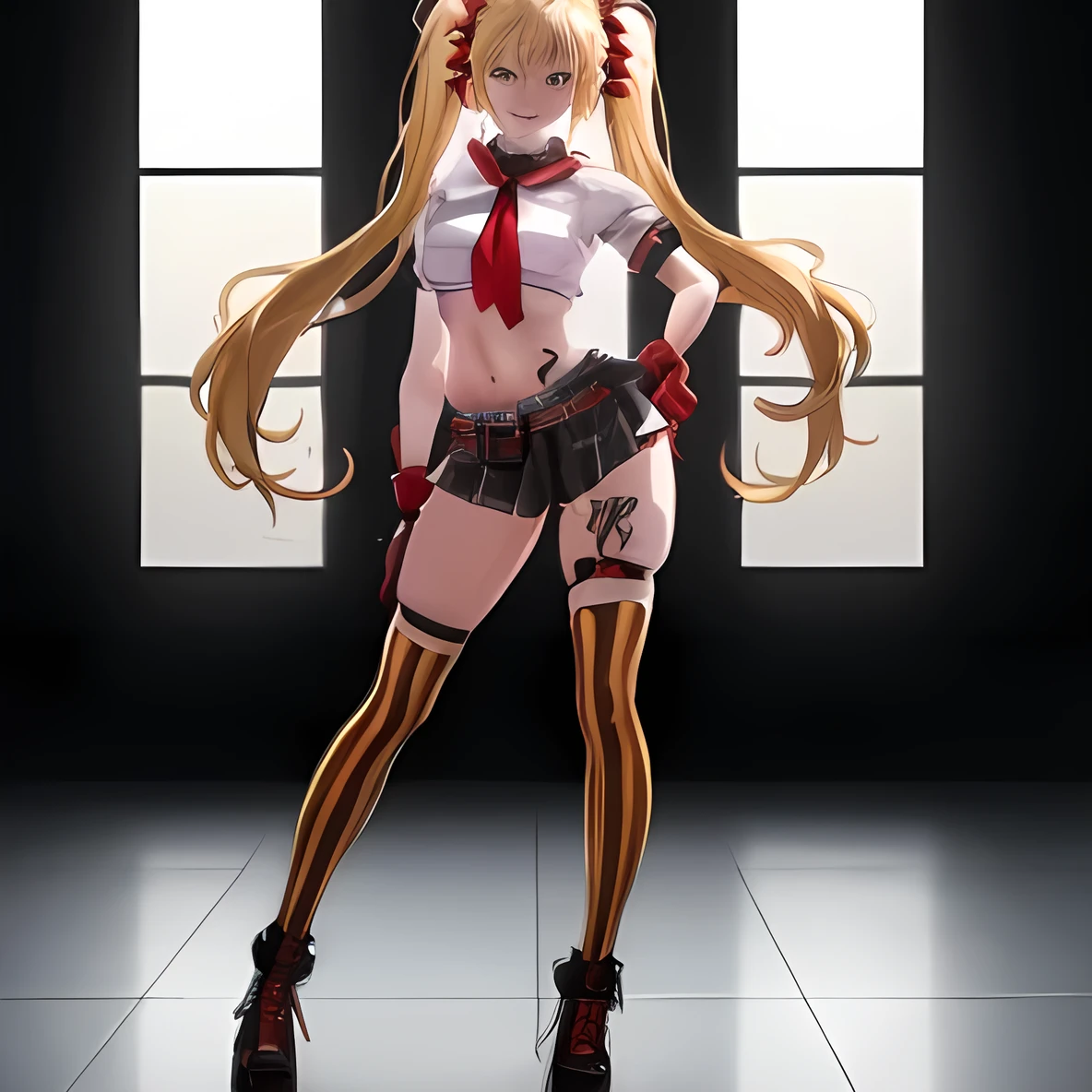 1 girl, in public, embarrassed, bangs, loli body, 13 year old girl, blonde hair side ponytail, sensual cleavage, sensual mouth, round breasts, ass facing the viewer, back to the screen, smile, tight, micro shorts 1.4, Ultra HD, 4k image, glasses, character close to the camera, tight shorts, shorts showing crotch, low-cut shorts, shorts with open fly, V-shaped panties, visible lower part of the breasts, visible belly, short mini skirt, micro skirt, skirt small and torn, tight skirt