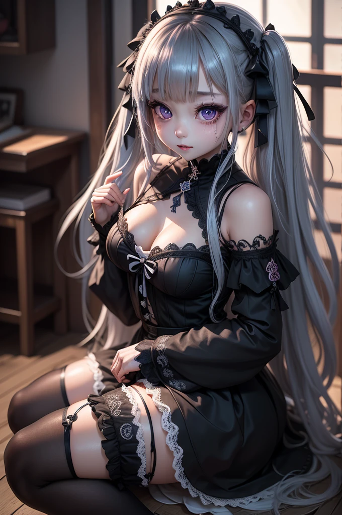NSFW,Hololive,Shion Murasaki、1 female、Long Hair、Twin tails、Hair Ribbon、Short eyebrows、Animal Ears、Cat's Tail、Earrings、frilled choker、Halter neck、Black Ribbon、Star brooch、Shoulder Bare、Black dress、Frill dress、Gothic、Removal sleeve、Wide sleeves、Purple Pantyhose,(Perfect hands),(Perfect Anatomy),(masterpiece),(highest quality)