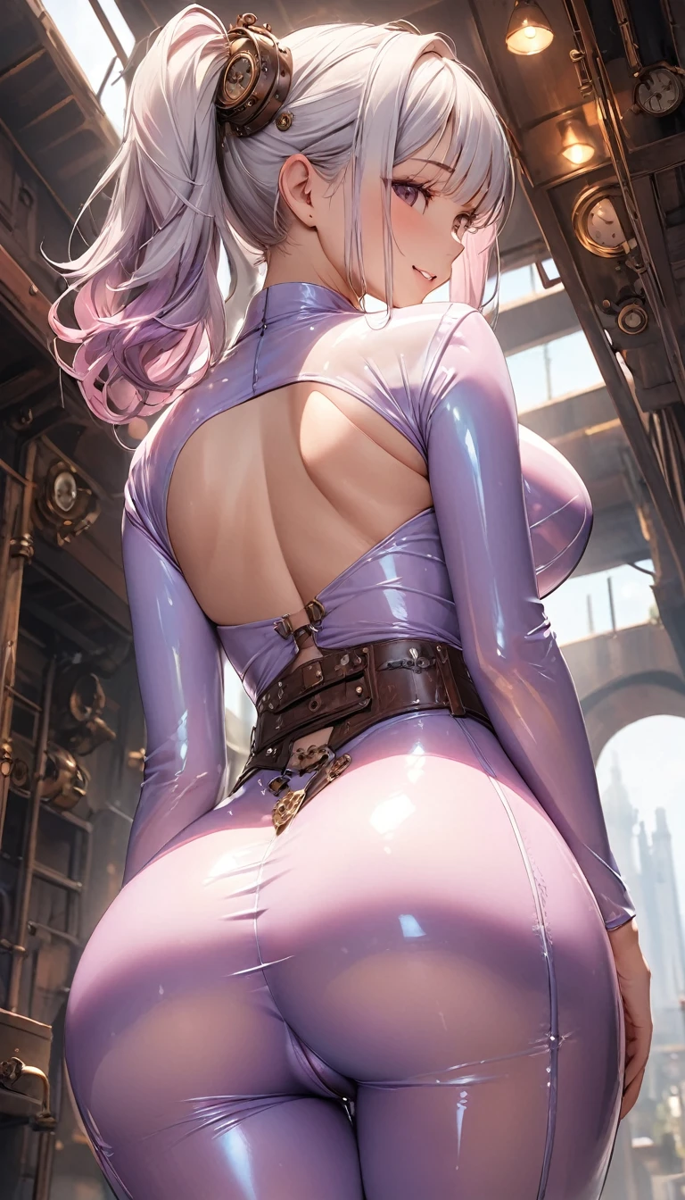  slouching forward、Big Breasts、Accentuate your butt、 （ Dynamic Composition from directly below:1.3）、 White hair color 、((masterpiece,  best quality,     best image quality, Steampunk. High image quality)),   young pretty girl  ,(( transparent latex pastel purple rubber suit)))Her back view、 Spin and laugh,Very delicate hair 、a side ponytail hair.