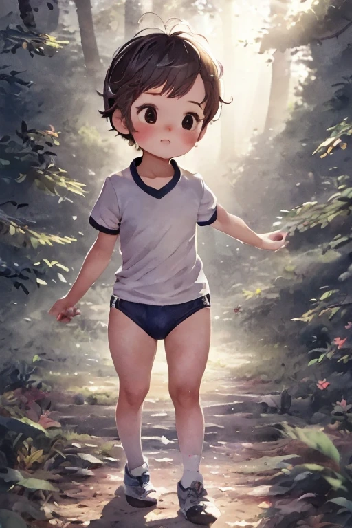 (masterpiece, highest quality),  (夜のdark森), One Girl, young teen, Black gymnastics bloomers, High leg、School Shirt, standing in night forest, Looking up at the forest、Anxious expression, Emotional, Wide-angle, dark, Best Shadow, watercolor,