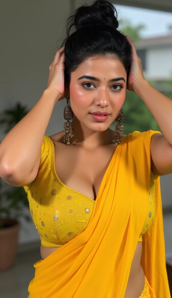 Looking at the viewer with sexy look, front view,Indian sexy bhabhi, wearing yellow glossy saree,tight yellow sleevless strapless bra, dancing outside in rain,dripped wet in rain, half drape saree,both hands on head showing dark hairy armpits,detailed wet skin,with hands up, showing dark armpits,showing nipple pokies flat stomach,tits popping out,Indian mature sexy voluptuous shape figure bhabhi 35 years old, big enomours gigantic humgous breast,hair bun,big ass,big bust,big breast,showing deep huge cleavage,big fluffy breast coming out of tight string blouse,showing navel,(best quality,4k,8k,highres,masterpiece:1.2), ultra-detailed, (realistic,photorealistic,photo-realistic:1.37), detailed eyes, detailed lips, extremely detailed face, long eyelashes, realistic skin, beautiful colors, natural lighting, elegant pose, cinematic composition, detailed fabric,no jewellery