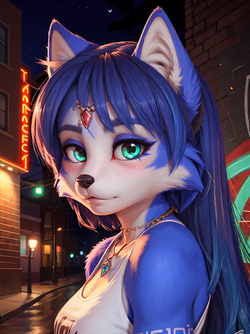 Best quality, furry male fox with green eyes, with brown long hair, with black spout, with red lipstick on lips, big lips, in a blue dress, crossdressing, shy, bare chest, sexy pose, Against the background of the night street