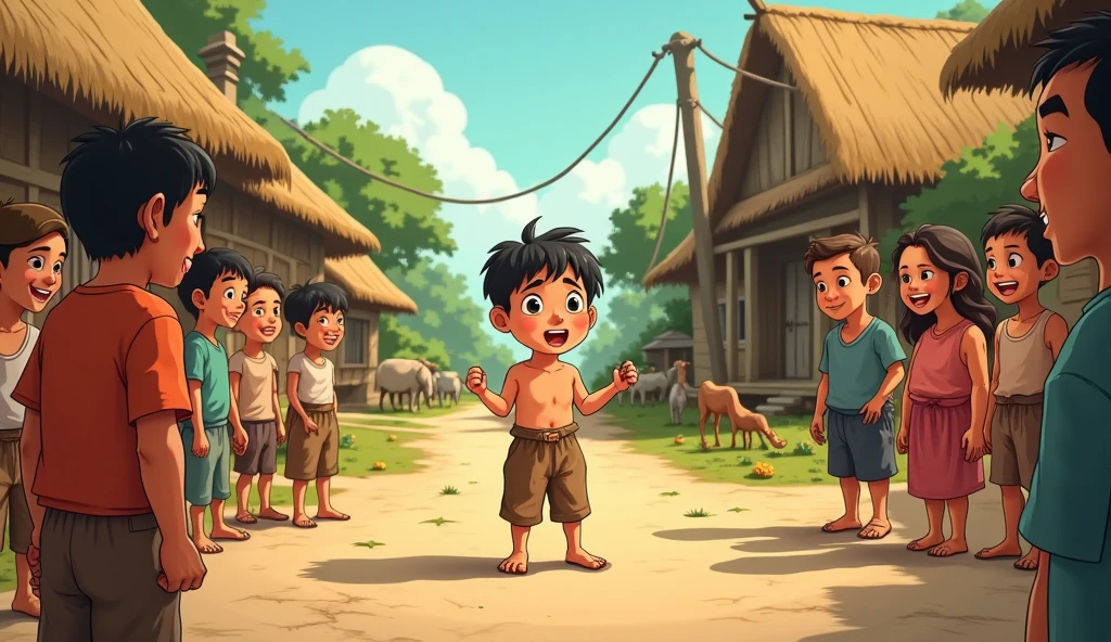 A boy in a red shirt laughing on the floor with several people around him angry at the boy, they are in a vast forest village.