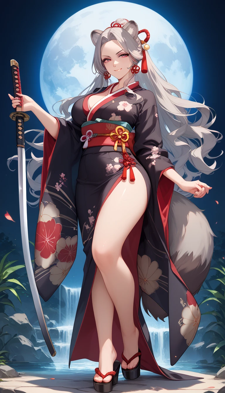 ((masterpiece)), 1girl, solo, long hair, grey hair, grey raccoon ears, grey raccoon tail, cute, evil smirk, looking at viewer, very young, black Kimono, crimson Kimono, multicolored Kimono, full body, mature woman, large breasts, large ass, Katana in a case.