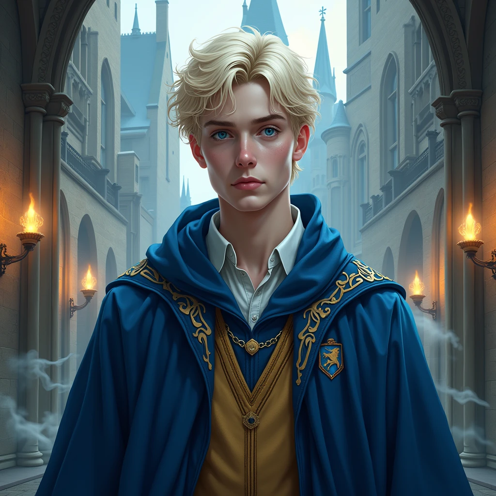 image of what an RP character from Harry Potter looks like, Ravenclaw, short blonde hair, and white skin blue eyes , dresses like Ravenclaw , male manThe background is a magical school with towering spires, vast halls