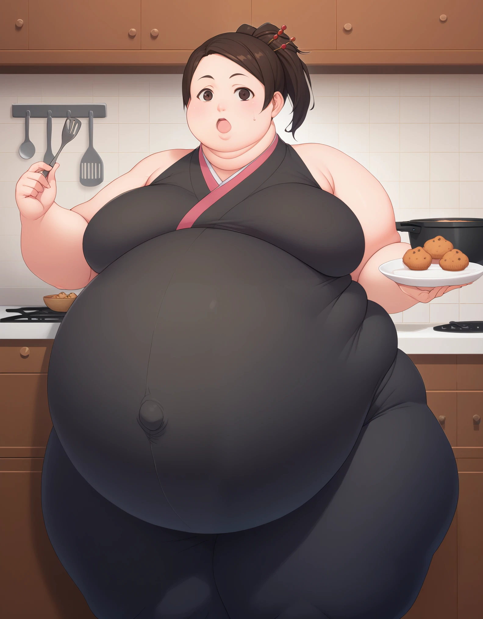 score_9, score_8, score_7, source_anime,
fuu, kimono, hair ornament, hair stick, ponytail,
1girl, kitchen, cooking, confused,extremely obese, (obese belly):1.7, (obese legs):1.5, fat rolls, SSBBW Adeline body,(thicc:0.5), (WeightImmobile:1.3), (obese:1.2) (round face:1.3), huge belly, wide hips,muffin top, pudgy, Big  Bump pregnant, Big boobs, Big pregnant Belly, Big Pregnant girl, Largest Belly of Pregnant, Huge Pregnancy, Huge 9 months Pregnancy Belly, huge belly expansion, huge belly girl, morbid obesity,800lbs,enormous fat belly, rolls of fat, fat thighs, Massively Bloated Abdomen, ridiculously large spherical Belly, oversized spherical stomach, ridiculously oversized pregnant belly, huge stomach