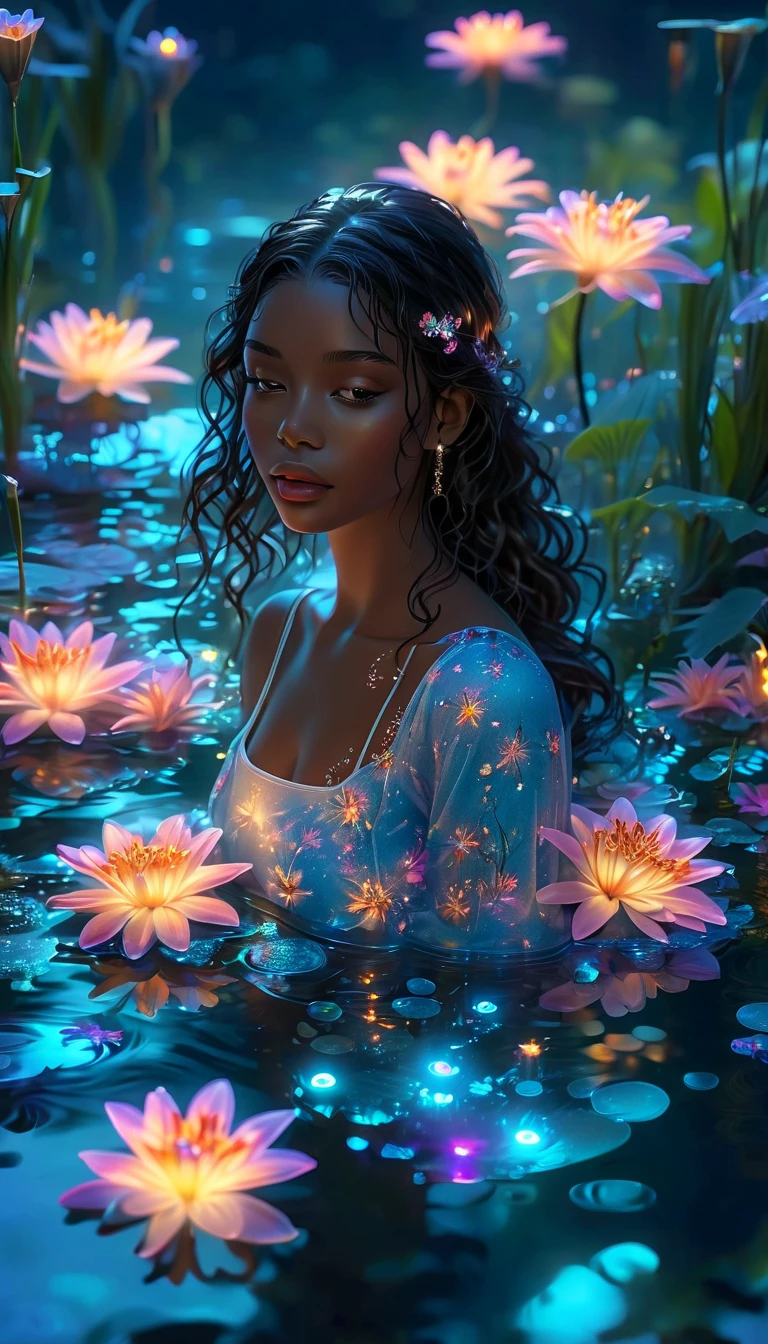 Highly detailed cinematographic photo, unrealistic fantasy night atmosphere, Beautiful dark-skinned woman with thick wavy hair, at night half lying in the luminous clear water of a fantastic stream, tiny self-luminous micro-jellyfish floating under the surface of the stream water, fantastic self-luminous lilies float on the surface of the creek water, self-luminous fantastic flowers of magical plants bloom around the creek, the woman has a perfect slim figure and feet, slim legs and thighs, slim torso, her whole body is covered with self-luminous magical tattoos.