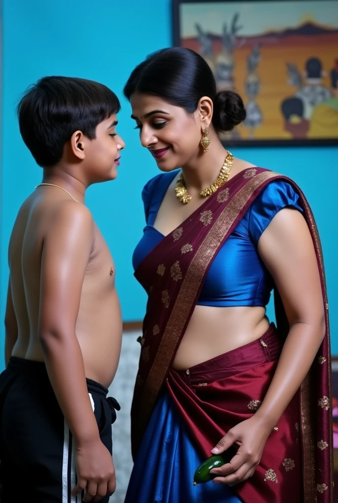 The image is a high-resolution photograph featuring an intimate, indoor scene with two people. The subject is a middle-aged woman, likely of Indian descent, with a medium skin tone, and a well-defined facial structure. She is dressed in traditional Indian attire, wearing a bright blue sleevless low neck deep cleavage blouse with a plunging neckline that reveals a significant amount of cleavage, showcasing a medium-to-large bust. Her attire, a shiny reflective gloasy leggings with red and black mix

Her hair is neatly pulled back into a low bun. She accessorizes with simple gold jewelry, including a gold necklace and matching earrings. Her expression is sexy and biting lips, seducing expression, looking towards a young boy to her left.she holds a porn long geen brinjal in her hand, she is about to lick the brinjal 

The boy wearing a black shorts only,The background reveals a domestic interior with blue walls, a piece of furniture with a colorful abstract painting hanging on it, and a hint of other household objects, suggesting a warm and lived-in space. The lighting is soft, enhancing the emotional intensity of the moment captured.full length image,