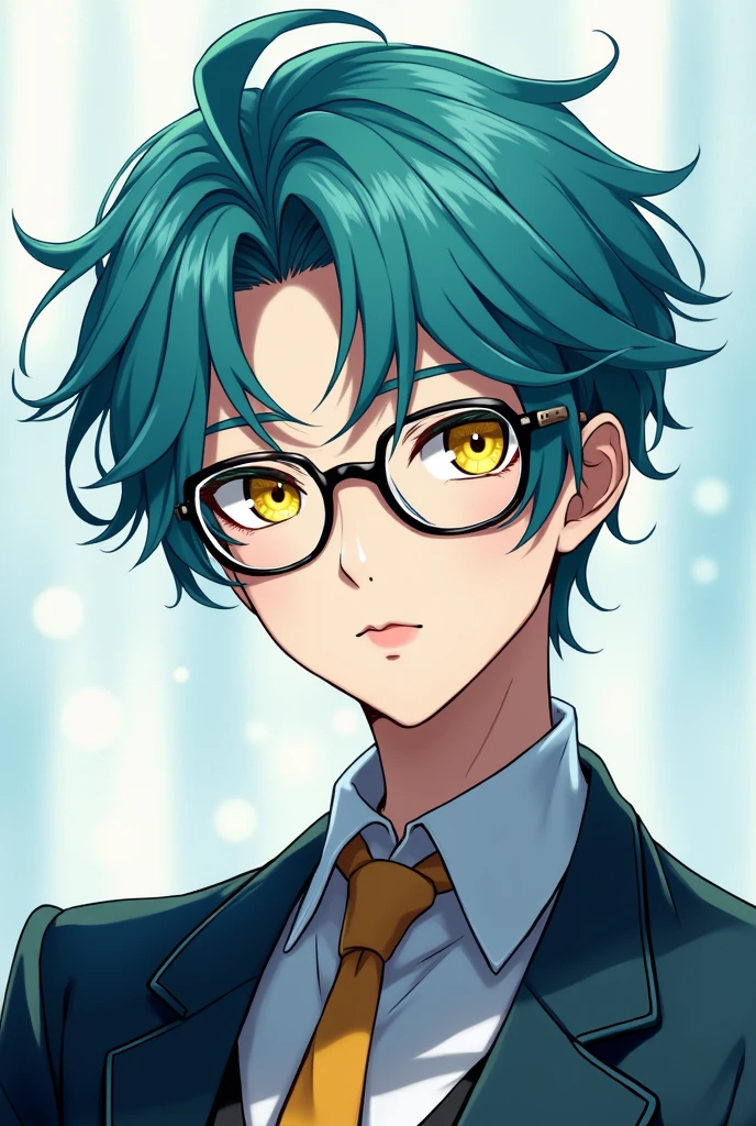 Make an aquamarine haired anime boy character who wears eyeglasses. He looks very handsome and very majestic. His eyes are yellow. The hairstyle is very handsome His outfit is like Gen Z vibes