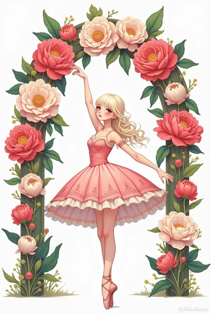 A beautiful illustration of a ballerina with large peonies and flowers, a full-body portrait, in light pink, with a fantasy style and a white background. Concept art in the style of Krenz Cushart, with an anime-inspired character design, in the style of Yoshitaka Amano, in the style of Atey Ghailan, and in the style of Alphonse Mucha, using digital art techniques, in the shape of an arch. 