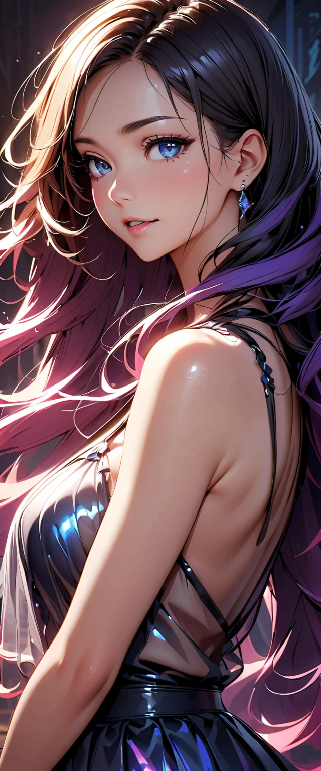 (highest quality:1.2, Very detailed, up to date, Vibrant, Ultra-high resolution, High Contrast, masterpiece:1.2, highest quality, Best aesthetics), Portraiture、girl、((25-years-old:1)), black Hourglass line dress, Bright colors、Beautiful fine details、Beautiful lip detail, long hair、black and purple ((streaked hair:1.6)), highlights hair: 1.5, brown eyes, gold earrings, ((slim body:1.4)), (small breast:0.7), (dark skin:0.5)), standing, Front facing, (No background:1.4), ((Plain white background:1.3)), (cowboy shot:1.5), look at viewer