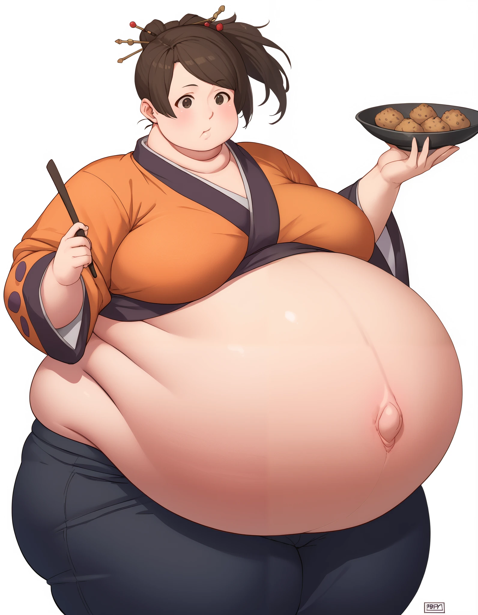 score_9, score_8, score_7, source_anime,
fuu, kimono, hair ornament, hair stick, ponytail,
1girl, kitchen, cooking, confused,extremely obese, (obese belly):1.7, (obese legs):1.5, fat rolls, SSBBW Adeline body,(thicc:0.5), (WeightImmobile:1.3), (obese:1.2) (round face:1.3), huge belly, wide hips,muffin top, pudgy, Big Baby Bump pregnant, Big boobs, Big pregnant Belly, Big Pregnant girl, Largest Belly of Pregnant, Huge Pregnancy, Huge 9 months Pregnancy Belly, huge belly expansion, huge belly girl, morbid obesity,800lbs,enormous fat belly, rolls of fat, fat thighs, Massively Bloated Abdomen, ridiculously large spherical Belly, oversized spherical stomach, ridiculously oversized pregnant belly, huge stomach