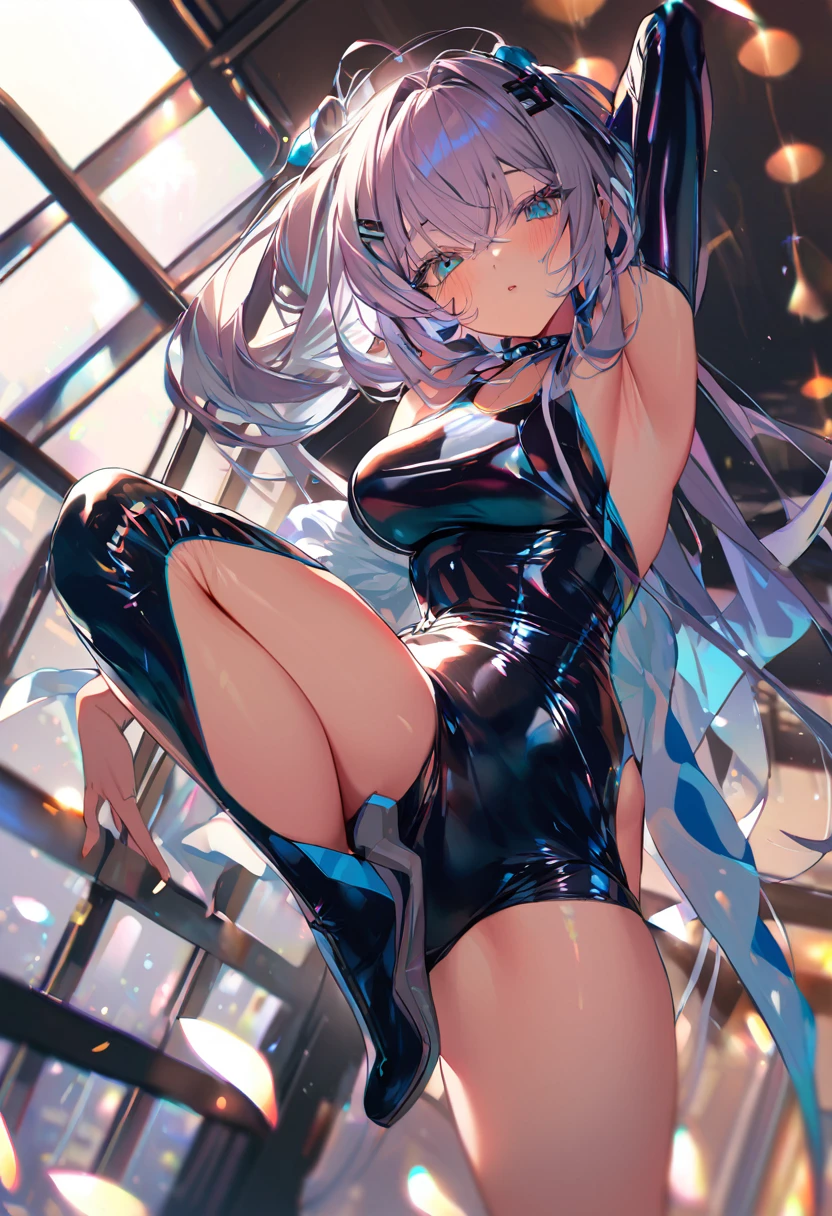 (hatsune miku:1.2), (metallic iridescent competition swimsuit, latex, tight, skin tight:1.4), (leather body harness:1.4), (choker:1.2), (metallic iridescent knee high boots, latex:1.4), (blush:1.4), (gleaming skin, shiny skin:1.4), (luxurious penthouse, indoor rooftop poolside:1.4), (midnight:1.4), 