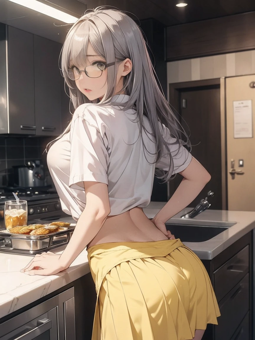 behind,a high resolution,(Best quality),incredibly detailed,Daylight,kitchen,1 girl,sexy pose,(very detailed face),Looking over your shoulder,Purple eyes,side locks,silver hair,A long tail,standing,long shirt,look through,medium breast,Live breast,coated,Superskirt,(black and purple lace panties)