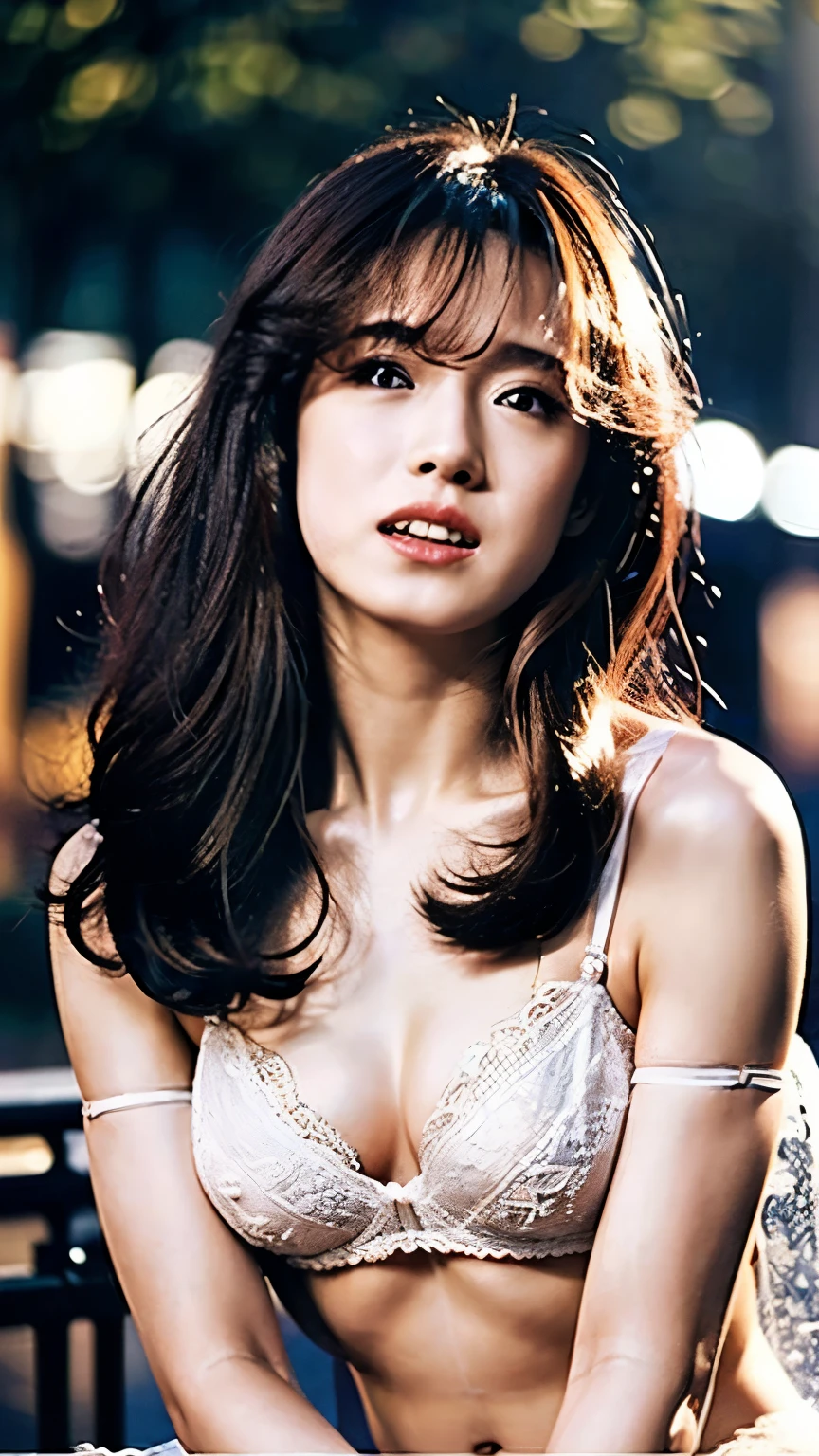 woman,20 years old,,city, knight ,((A thin white lace bra revealing her transparent nipples)),(( The white lace song depicts 、 stretch material and pubic hair )), open your mouth and laugh ,((( transparent))),(( dark brown )),Long Hair