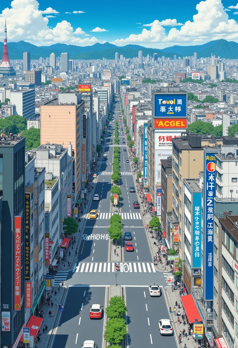  vintage anime, tokyo city, from above , panorama view