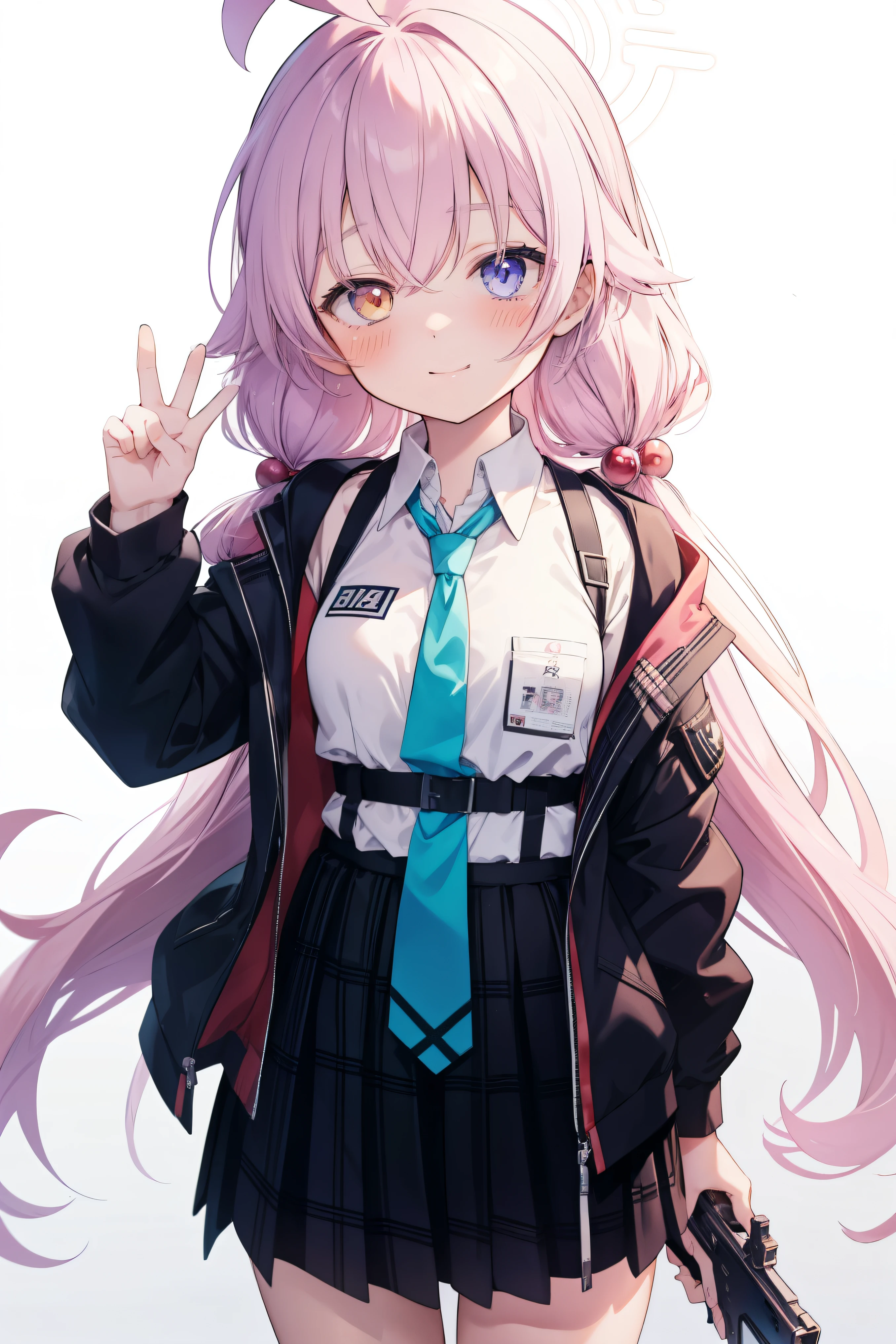 Kotoriyu Hoshino、 Cool girl (,  perfect face), independent ,  looking at camera, masterpiece,  anime art style,  in plain clothes,  most detailed,  High Quality 、Smiling face、 Combat Uniforms、He has a gun、Purple hair and eyes