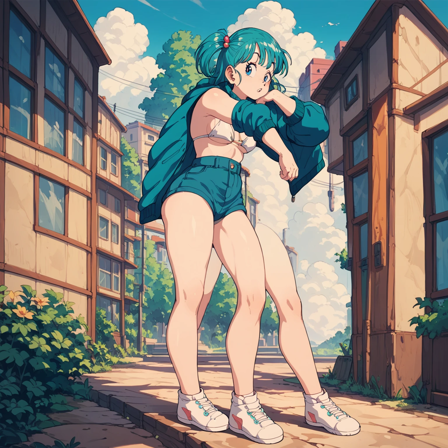 Bulma in a white bikini stands on a cliff，With a puzzled expression, I watched Bulma in a white bikini standing on a cliff in the distance 