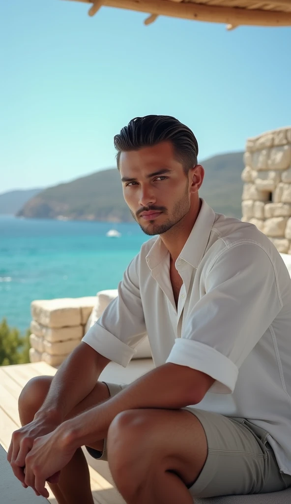 Lifestyle photography. a handsome Indonesian man, slick back hair style, wearing casual and trendy clothes, sitting on a wooden deck with a sofa and table on it. The location is a beautiful secluded paradise as a backdrop, with the Croatian coastline as the backdrop. The setting is very close to nature, comfortable, and a masterpiece of beauty. The atmosphere is calm, with a Greek atmosphere near the sea. The scenery includes Mediterranean islands, clear blue water, and beautiful huts built around the sea. The background contains the Greek island of Mykonos.