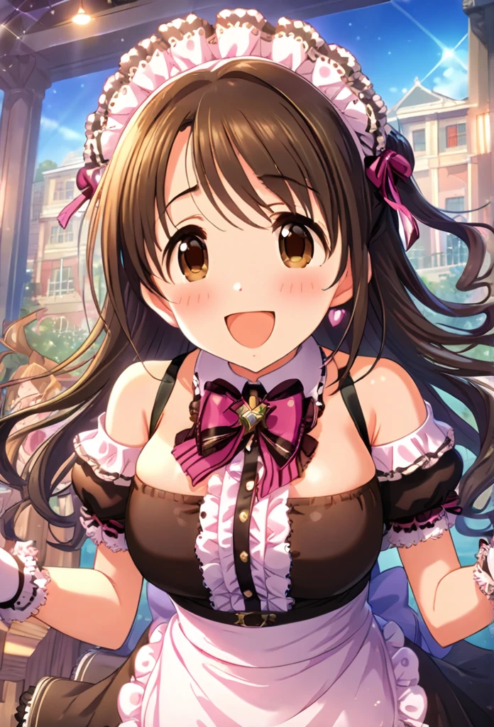 Shimamura Uzuki, ( best quality, 8k, masterpiece,  very detailed:1.2), ( Lens Flare, Particles of light, Shine), Big Breasts, smile,  open your mouth, masterpiece,  best quality,  very detailed,  high definition ,  very detailedなCG, ( Official Art),  Off Shoulder , Maid, ( embarrassed :1.1), (:1.2),  open your mouth, (shout:1.1), (Moving lines:1.1),   blue sky,  COWBOY SHOOTING 