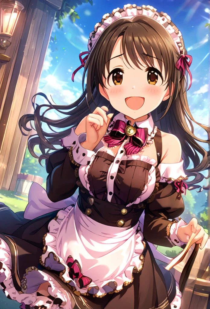 Shimamura Uzuki, ( best quality, 8k, masterpiece,  very detailed:1.2), ( Lens Flare, Particles of light, Shine), Big Breasts, smile,  open your mouth, masterpiece,  best quality,  very detailed,  high definition ,  very detailedなCG, ( Official Art),  Off Shoulder , Maid, ( embarrassed :1.1), (:1.2),  open your mouth, (shout:1.1), (Moving lines:1.1),   blue sky,  COWBOY SHOOTING 