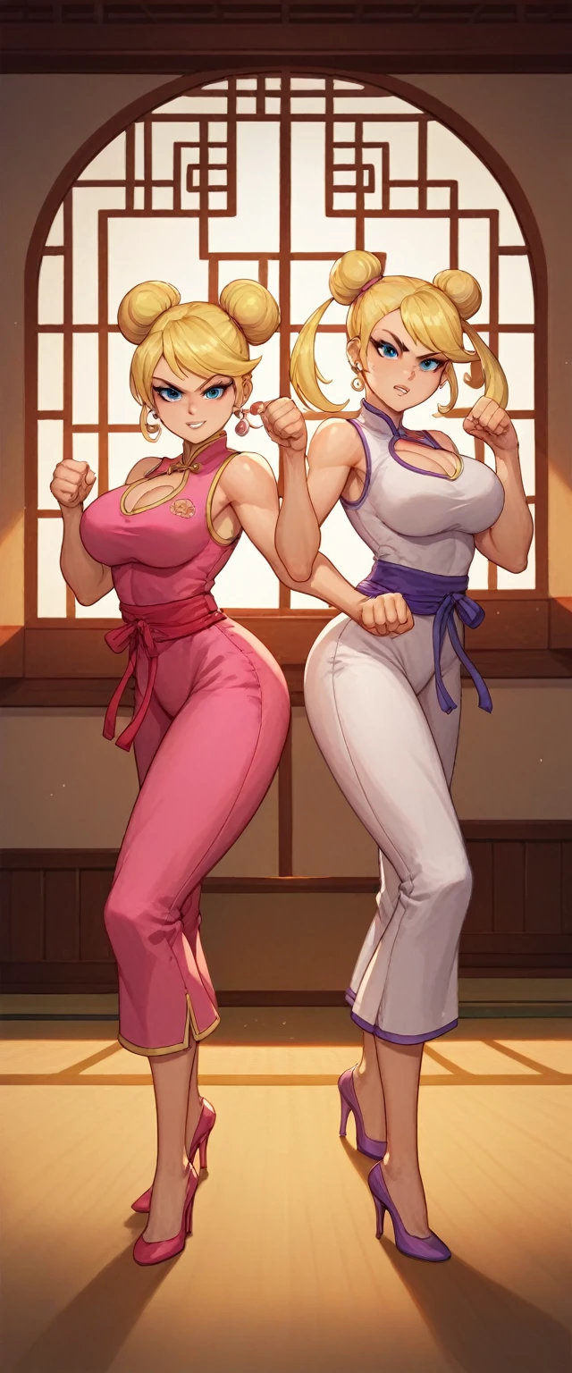 lola loud, 2girl, duo, 24yo girl, large breasts, pink cheongsam,  inside of a chinese temple, looking at viewer, blonde hair, two hair buns , hands  score_9, score_8_up, score_7_up, high heels, teep fighting stance,martial arts, chest window, twins