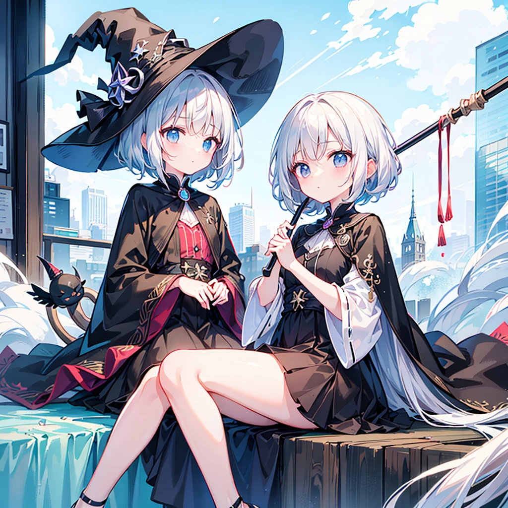 Pure white hair、material,  thick paint、(Surprisingly bizarre )),(masterpiece:1.2),超 high definition ,  Attention to Details ,  High Quality ,  high definition , 最 High Quality ,  4K, 8k,break, shorthair 、long sidebar 、Gray Hair、Wizard、((Sitting on a cane))、((flying)), year-old student 、cute、Black Witch outfit、Black Witch&#39;Three-cornered hat、magic circle、