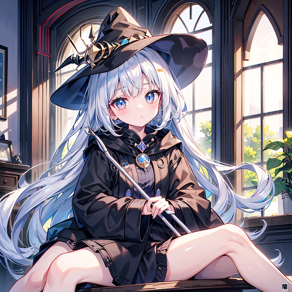 Pure white hair、material,  thick paint、(Surprisingly bizarre )),(masterpiece:1.2),超 high definition ,  Attention to Details ,  High Quality ,  high definition , 最 High Quality ,  4K, 8k,break, shorthair 、long sidebar 、Gray Hair、Wizard、((Sitting on a cane))、((flying)), year-old student 、cute、Black Witch outfit、Black Witch&#39;Three-cornered hat、magic circle、