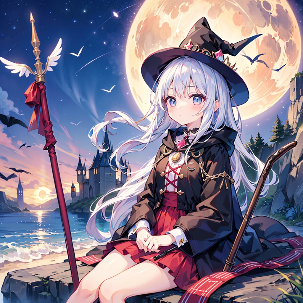 1girl,Pure white hair、The World of Magical Girls、(Surprisingly bizarre )),(masterpiece:1.2),超 high definition ,  Attention to Details ,  High Quality ,  high definition , 最 High Quality ,  4K, 8k,break, shorthair 、long sidebar 、Gray Hair、Wizard、((Sitting on a cane))、((flying)), year-old student 、cute、Black Witch outfit、Black Witch&#39;Three-cornered hat、magic circle、