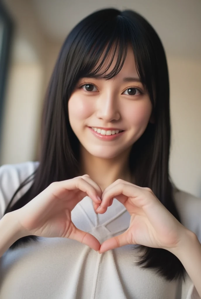 Only one woman with a cute smile is in a pose all naked, making a firm big heart shape with both hands, and holding it in front of her chest, View above collarbone、The background is a monotone 、
