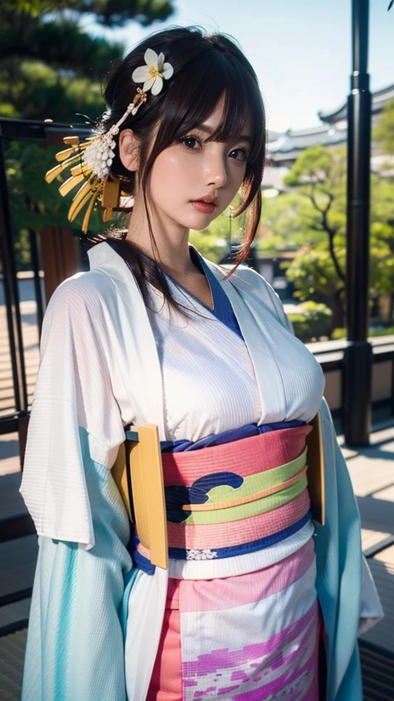 ((realistic:1.2)),masterpiece,  best quality,  high definition , 1girl 22 Ahoge Hair Accessory, ((kimono:1.4)) ,((Large Breasts))