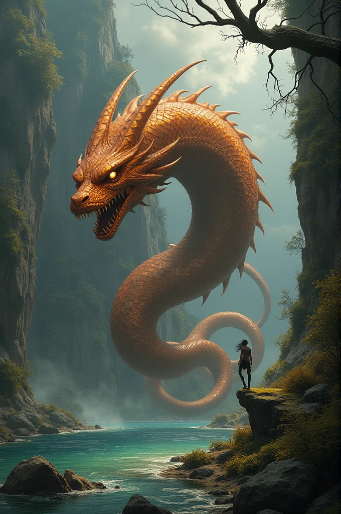 Make a big serpents that transform into a handsome boy jn the forest the serpents color is a dark red color