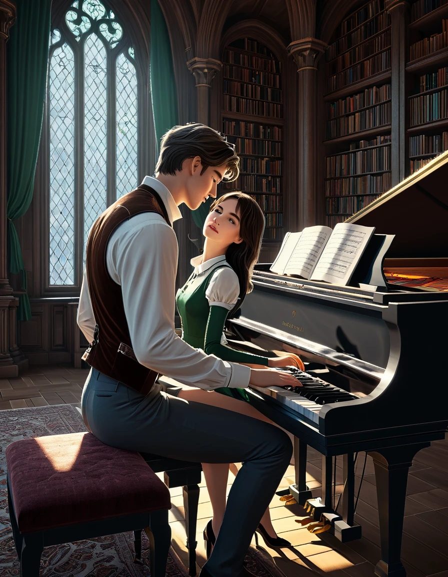 sketch man sits at the piano and plays it for a girl writing a melody for her man he is 22 years old  ((with brown eyes)), Beautiful, brown short hair in a white shirt,  dark gray classic vest , black trousers , ((( and next to a man leaning on the piano is )))  a 22-year-old girl with brown long flowing straight hair and blue eyes ,  in a short emerald colored modern fashionable sexy beautiful dress with round sleeves voluminous against the Arafed background room with a piano and a window in it, gothic epic library concept, gothic epic library, gothic library, alchemist library , unreal engine render concept art, castle library, dusty library,  unreal fantasy art engine, ancient library, library of ruina concept art, photorealistic dark concept art,  dramatic lighting . concept art, inside a castle library, Старая библиотека photo realistic illustration, hyper realistic illustration, realistic illustration, photorealistic detail , hypper realistic illustration, extreme realistic detail, photorealistic detail ed picture, с unreal engine render concept art, ), Ultra-detailed and beautiful face,( Gentle facial expression :1.1),translucent white skin,(Реалистичный skin texture:1.1), , Bold design , Art design ,Beautiful and detailed pattern, Detailed fabric texture, ((1 man, 1 girl)) (romantic sensual scene for a novel :1.1)