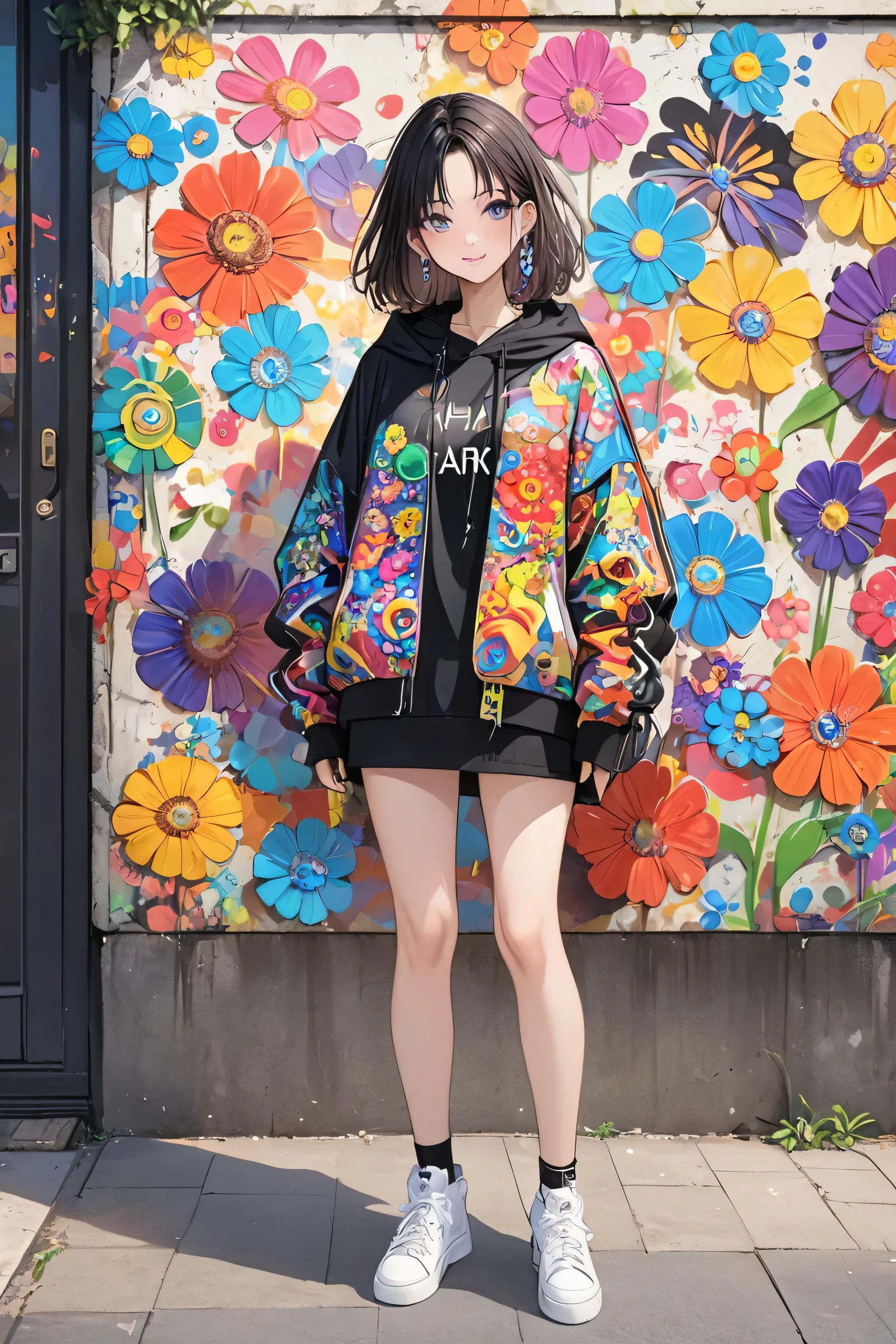 Ultra-realistic 藤ちょこ style, Simple line acronym abstract art, Cute design, Street fashion, colorful flowers , Cute amoeba, The background is a stylish graffiti
