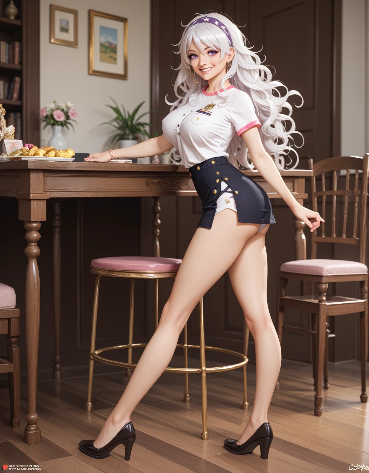 looking at the spectator,  masterpiece, necessary,  Best quality , A beautiful young woman (Seductive full body , big breasts,  slim waist,  big ass, long white hair, loose hair, wearing a headband , violet eyes, daring smile ),  Wearing an attractive uniform of estudiante , l white t-shirt with a pink bow and black buttons with the school logo on the left shoulder,  short brown table skirt with yellow squares,  pull up her skirt mischievously showing white underwear , En una biblioteca escolar disfrutando de libros,