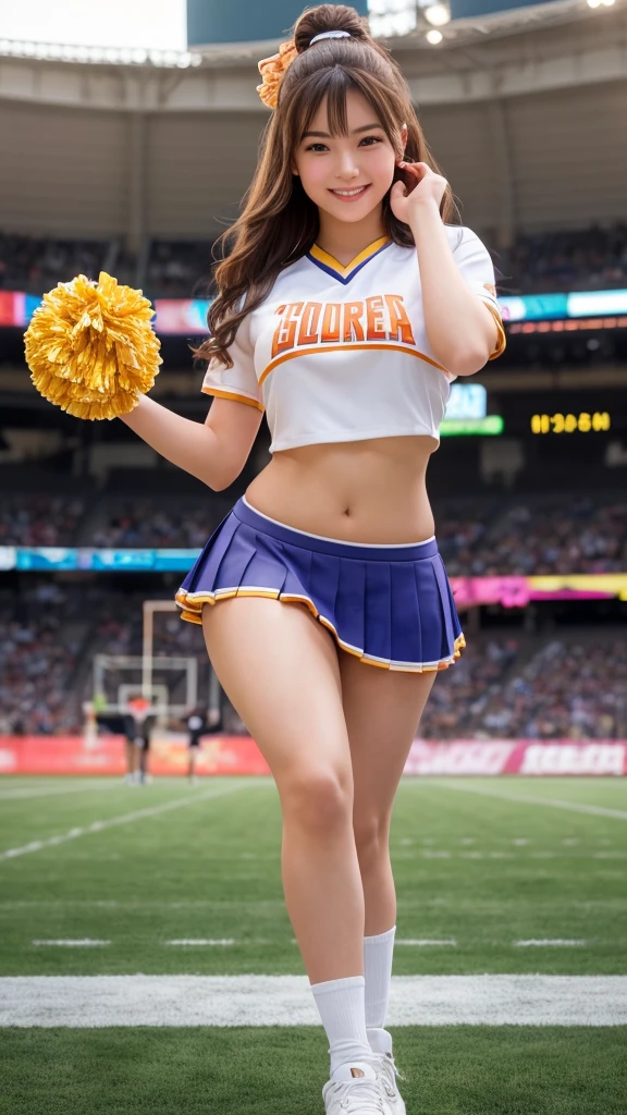 ((Highest quality、8k、Like the picture:1.4、masterpiece))、Backlight、Woman with highly detailed facial texture、 Big Breasts, Accentuate your cleavage, Cute Japanese Woman、18-year-old、(((Cheerleader:1.2)))、((Stadium Background:1.2))、Raise your arms、((Camera angle from below:1.3))、Ultra-detailed skin、Beautiful Makeup、Detailed eyes、((Big smile:1.3))、Open your mouth、(Big and round breasts)Shiny brown messy short hairstyle、Sculptural installation、((Raise both legs:1.3))、((Spread your legs:1.3)), ((Spreading pussy:1.4)),