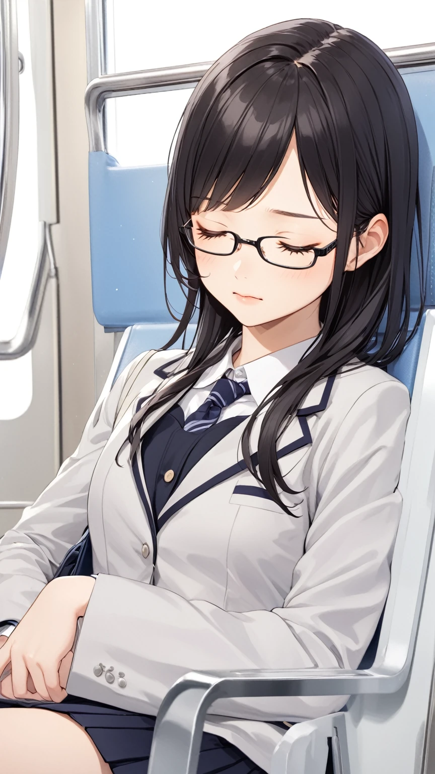 Black hair, glasses, Japanese blazer, high school girl, on train, girl sleeping on train chair